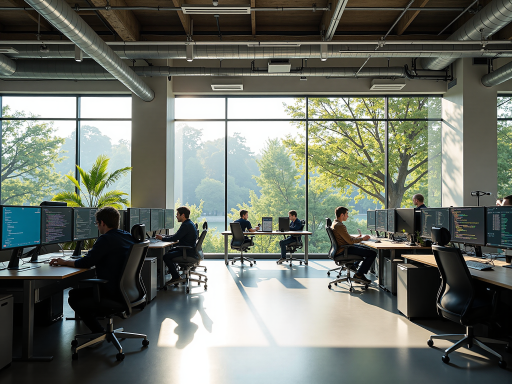 Modern office space with collaborative work environment, multiple professionals working on computers, large screen displaying data visualizations, bright natural lighting
