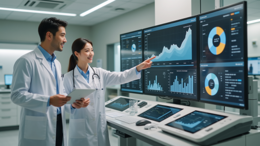 Hospital data center with medical staff reviewing patient analytics, electronic health records interface, medical dashboard with patient metrics