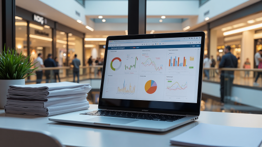 E-commerce platform dashboard with sales metrics, retail store interior with digital displays, product analytics visualization on screen